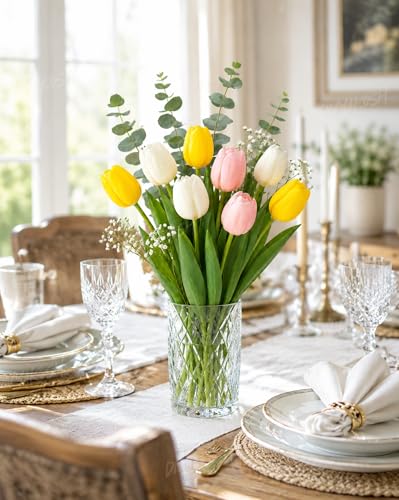 Image of Divyakosh Artificial Flowers for Vase (Vase Not Included)- Luxury Tulip Flower Bouquet with Eucalyptus & Baby's Breath, Faux Floral Arrangement for Home Decor, Living Room, Wedding Decoration, Office