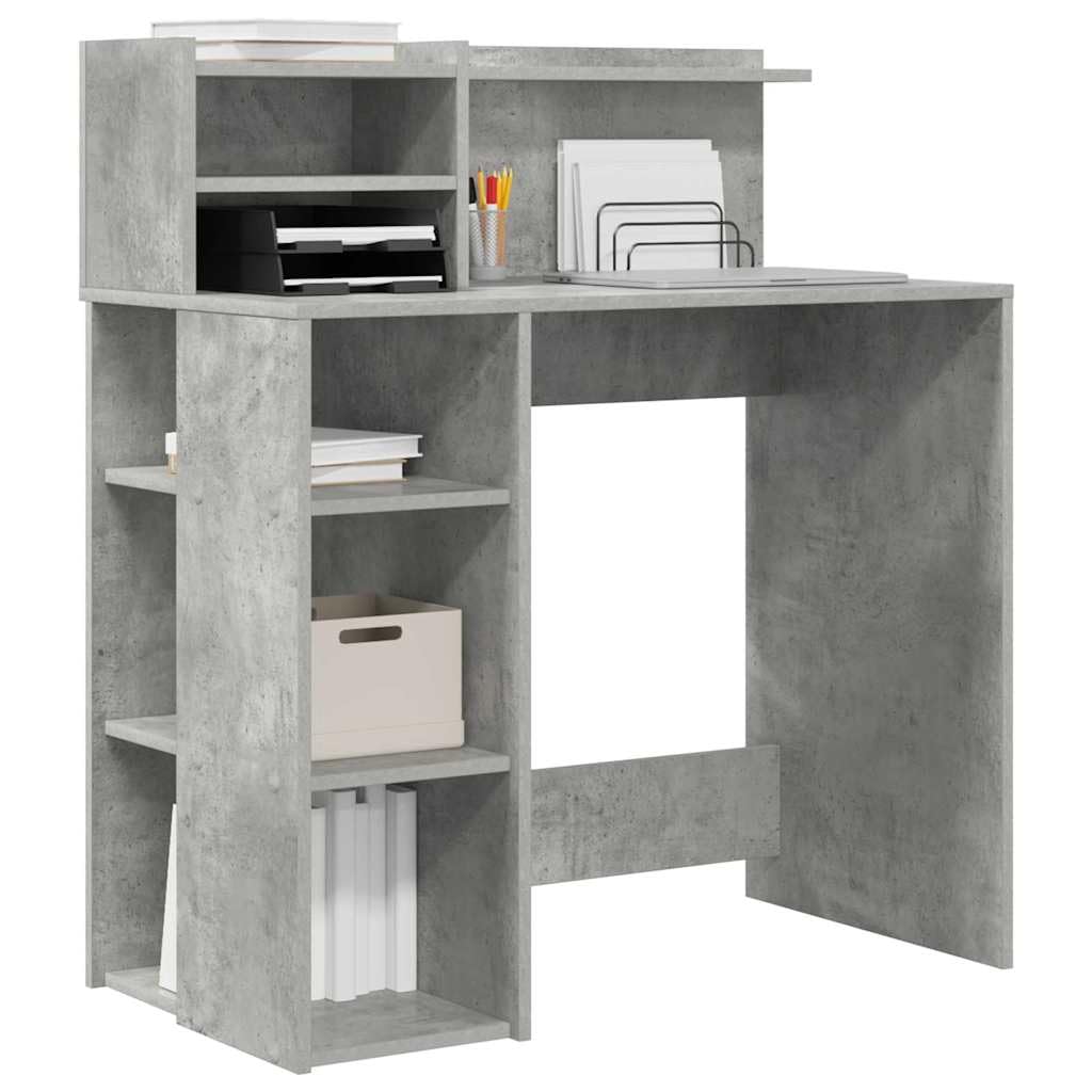 Scrivania in legno grigio cemento, 90 x 48 x 101,5 cm, con 4 ripiani, moderna scrivania da ufficio per casa e studenti, ideale come tavolo da lavoro e scrivania per computer in stile