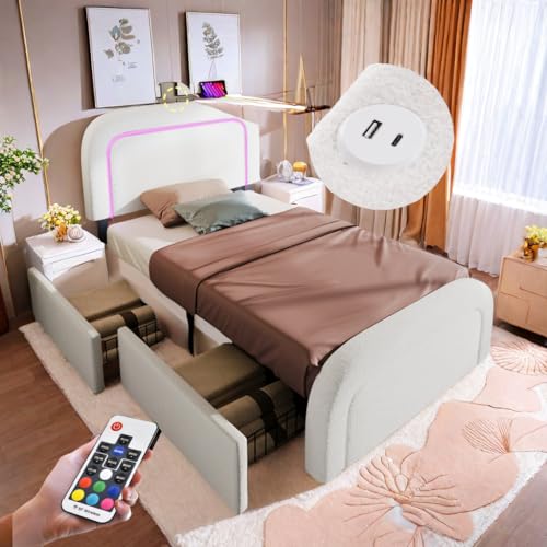 Sapgaks Lit Coffre 90x200cm avec LED, 2 Tiroirs et Port USB Type C - Lit Capitonné 1 Personne avec Rangement et Sommier à Lattes - Blanc (sans Matelas)