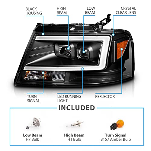 Image of AmeriLite For 2004-2008 Ford F-150 Truck C-Type LED Tube Square Black Projector Headlights Assembly Pair - Driver and Passenger