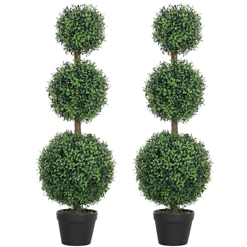 HOMCOM Lot de 2 Arbres artificiels 101,6 cm Plantes artificielles PE 3 Boules de buis topiaires Fausse Plante Vert avec Pot en Plastique rempli de Ciment...