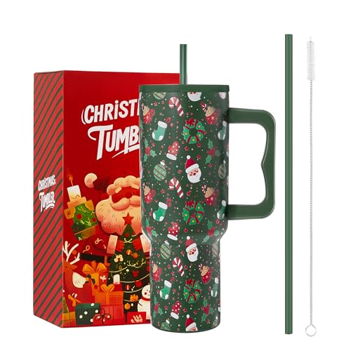 TaroKitc 40 oz Christmas Tumbler with Handle, Vacuum Triple Walled Stainless Steel Travel Mug, Fits for Car Cup Holder, Keep Cold for 34 Hours, Christmas Gifts for Her Him