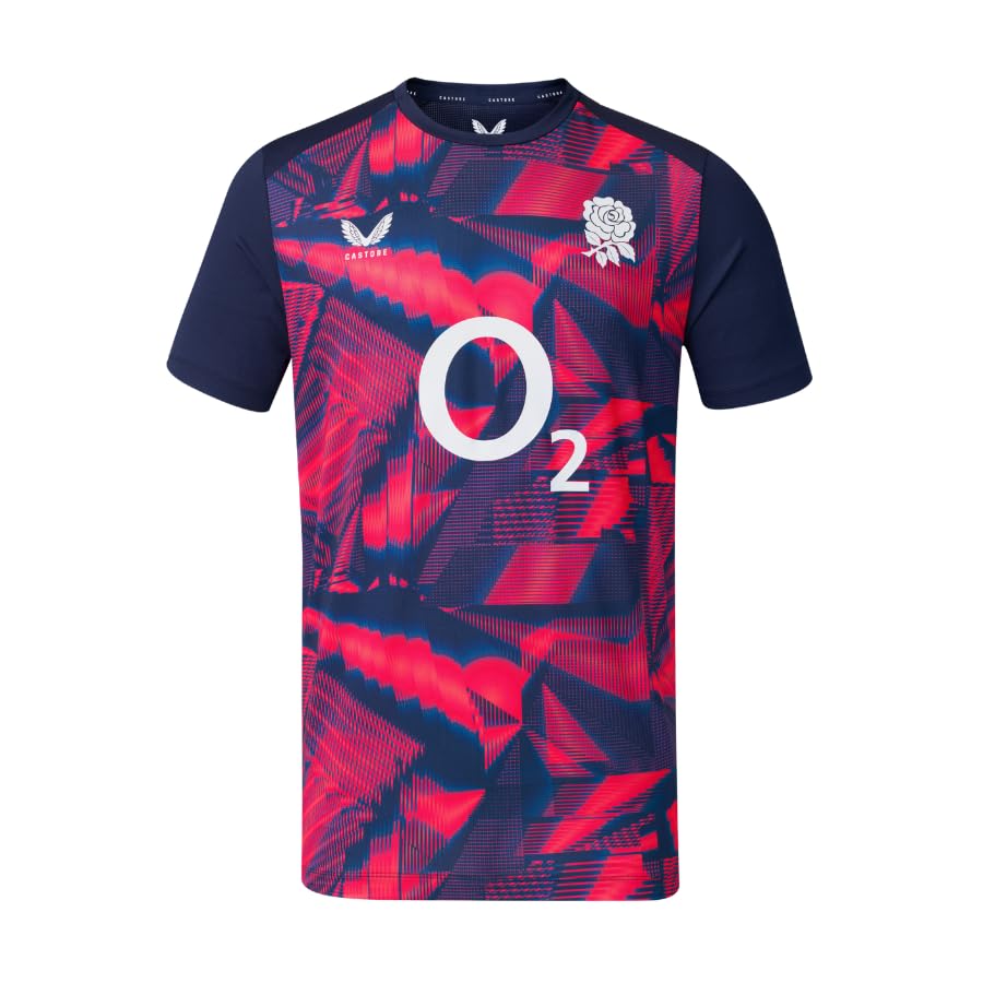 Castore England Rugby Men's Pre Match Short Sleeve Tee, Peacoat, Diva Pink, L
