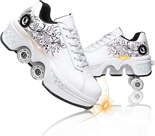 Garçons Fille De Chaussures À roulettes De Skateboard Chaussure De Sport avec Rouleau Rétractables Baskets Kick Roller Shoe,White+Pink,38 Cover