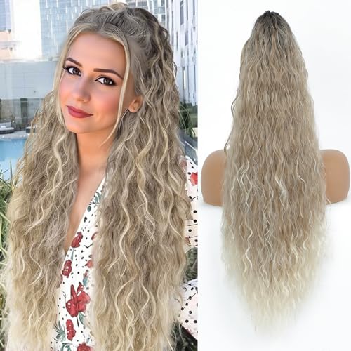 Image of Claw Clip Ponytail Extension 26In Wavy Curly Hair, Ombre Brown Mix Blonde
