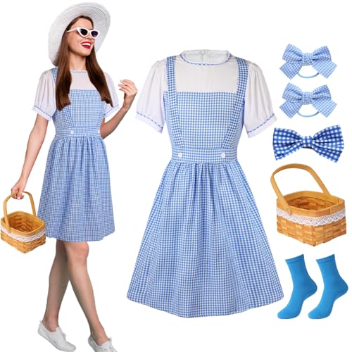 5 Pcs Halloween Women Blue Gingham Dress Accessories Set Book Character Outfits Comic Con Cosplay Costumes for Adults(S)