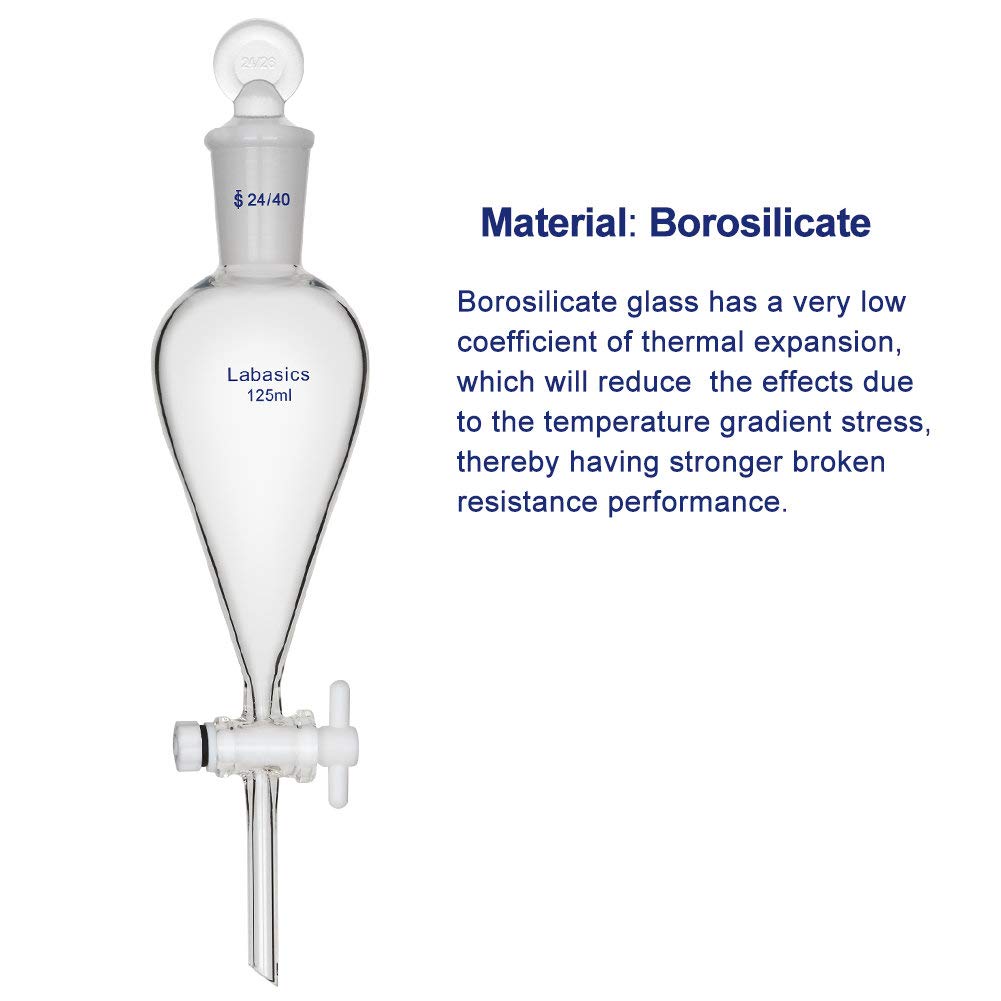 Labasics 125ml Ampoule à Décanter Conique en Verre Borosilicate avec Robinet en PTFE, Separatory Funnel Entonnoir Laboratoire - 125ml