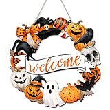 Arosche Halloween Decorations Hanging Door Sign Happy Halloween Wooden Door Sign spooky Ghost Bat Black Cat Pumpkin Skull Rustic Welcome Wreath for Tree, Door, Wall, Party Supplies