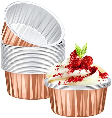 EUSOAR Dessert Cups Disposable, 25pcs 5oz Aluminum Foil Ramekins Baking Cups, Rose Gold Cupcake Liners Dessert Flans, Creme Brulee Custard Cake Pudding Jello Cups, Catering Dinner Party Favor- NO Lids