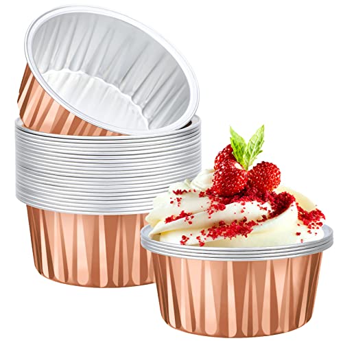 Eusoar Dessert Cups Disposable, 25Pcs 5Oz Aluminum Foil Ramekins Baking Cups, Rose Gold Cupcake Liners Dessert Flans, Creme Brulee Custard Cake Pudding Jello Cups, Catering Dinner Party Favor- No Lids #TOP23