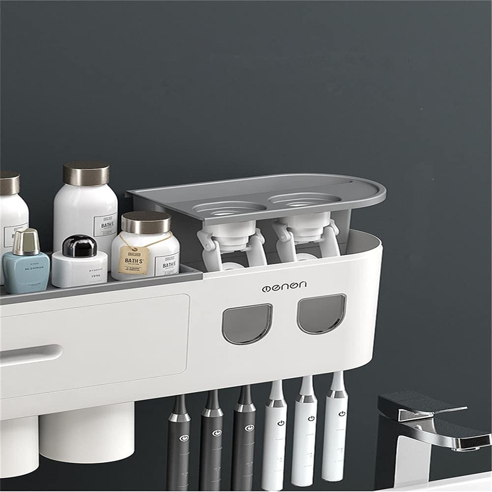 Kit de soporte de cepillo de dientes montado en la pared con doble dispensador automático de pasta de dientes para baño y inodoro, soporte de cepillo de dientes de ducha con taza (gris)
