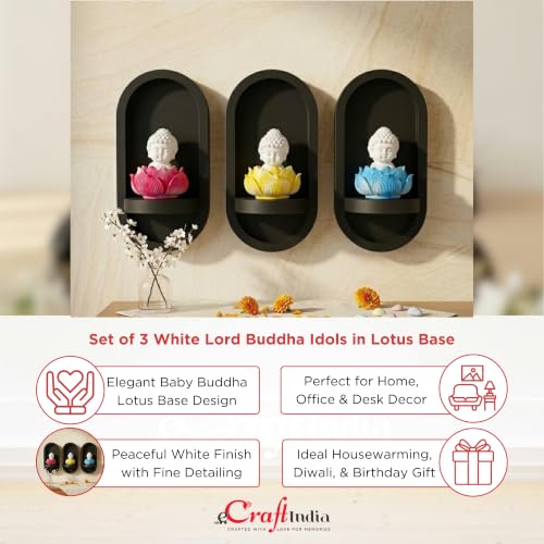 Image of eCraftIndia Set of 3 White Lord Buddha Idols in Lotus Base | Baby Buddha Statues for Car Dashboard Office Home Decor | Gift for Diwali Housewarming Birthday