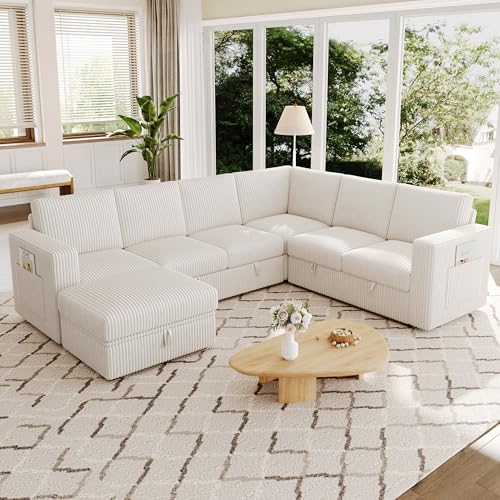 Image of Sectional Sleeper Sofa, Pull Out Couch with Storage,Lvory,7 Seat