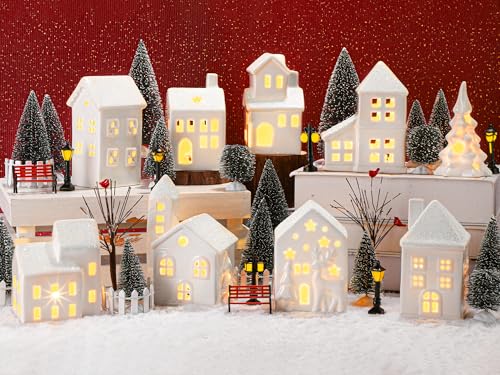 Fovths 42 Pieces Porcelain Christmas Village Set 9 Lighted LED Xmas Village Houses with 16 Xmas Trees Withered Tree Lamp Fence Bench Winter Village Building Figurines for Holiday Tabletop Decor