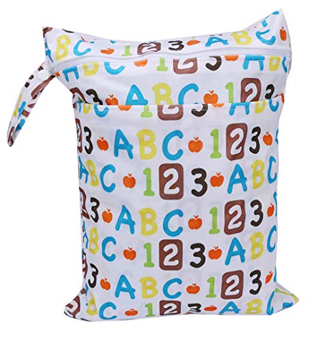 Image of Waterproof Wet Bag, Washable, Reusable for Travel, Beach, Pool, Stroller, Diapers, Dirty Gym Clothes, Wet Swimsuits, Toiletries (ABCs & 123 Print)
