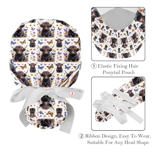 Image of 2 PCS Bouffant Cap with Button Ponytail Pouch Working Cap Sweatband Adjustable Surgical Cap Black and White Cow