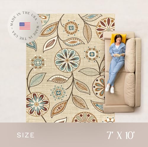 Maples Rugs Reggie Floral Area Rug - Made in USA - Low Pile, Non Slip, Pet-Friendly Mat for Living Room, Bedroom, and Office, 8' x 10', Beige