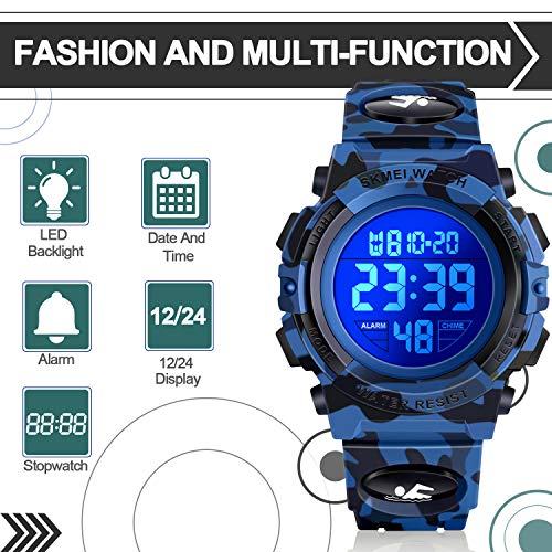 Dodosky Boy Toys Age 5-15, Led 50M Waterproof Digital Sport Watches For Kids Birthday Presents Gifts For 5-15 Year Old Boys - Blue Camouflage #TOP2