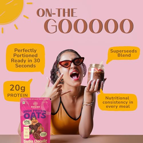 Image of ROSIER High Protein Oats Double Chocolate | 20g Protein Per Serving | Instant Healthy Breakfast with Cocoa & Dark Chocolate | Fibre-Rich Oats | 77g Ready-to-Eat Pouch