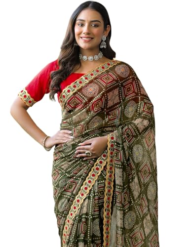 Image of SIRIL Women's Georgette Bandhani Printed Saree with Unstitched Blouse Piece