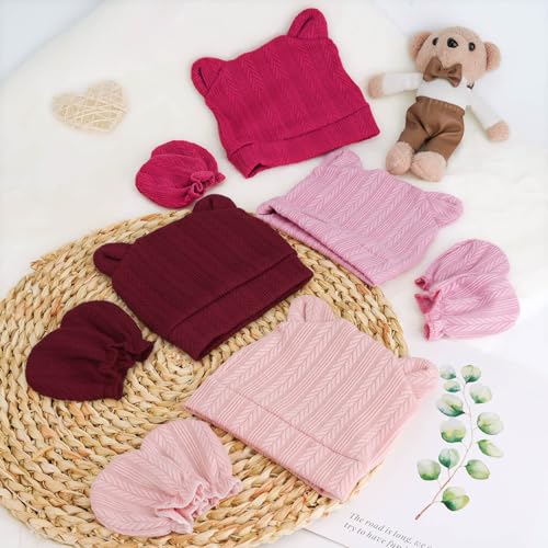 Image of BQUBO Newborn Baby Hats Bear Ears and Mittens Sets Preemie Caps Baby Boy Girl Infant Hospital Beanie for 0-3 Months