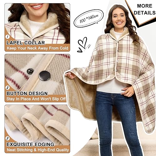 Vijamiy Poncho Damen Winter Wärme, Fleece Poncho Thermo-Strickjacke Cape,Mit Metallschließe Flanell Rollstuhldecke Warmhalten Decke Damen im Winter(Khaki,M)
