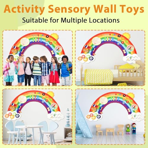 Image of 5FT Large Sunshine Rainbow Wooden Activity Wall Panel Christmas Gift Educational Montessori Toy for Toddler Kids Interactive Sensory Activity Busy Board Daycare Learning Center Toddler Room Decor