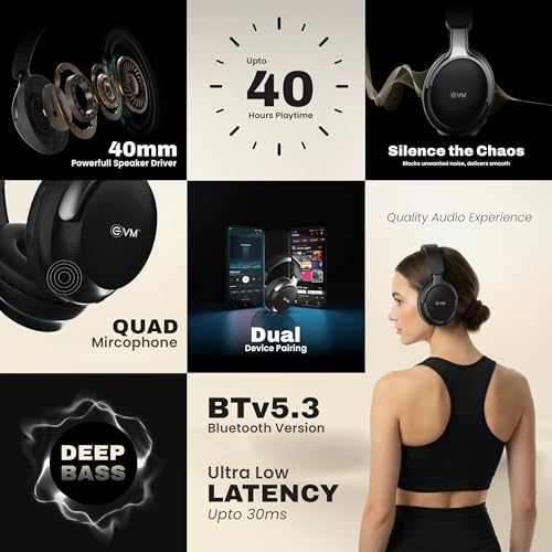 Image of EVM EnSonic Over Ear Wireless Headphones | Bluetooth 5.3+EDR | 40mm Drivers | Deep Bass Sound | 40H Playtime | HD Mic | Foldable Design | AUX Support, Lightweight | 1-Year Warranty (EVM-WHF-01-Black)