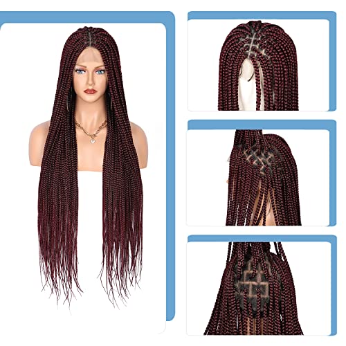 Fecihor 36" Full Double Lace Front Box Braided Wigs Knotless Cornrow Braids Lace Frontal Wig Synthetic Burgundy Red Hand Braided Wigs With Baby Hair For Black Women #TOP1