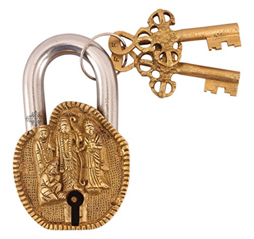Image of Indian Art Villa Handmade Old Vintage Style Antique Ram Darbar Design Brass Security Lock with 2 Keys Om Design on Back|Home Temple Office