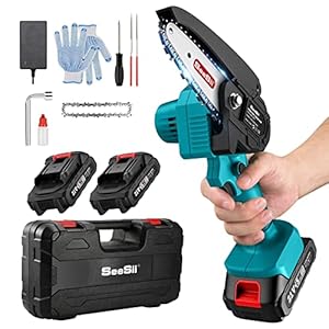 Mini Motosega a Batteria Portatile, Seesii 4 Pollici Sega a Batteria per Potatura con 2 Batterie 2000 mAh, Motosega Elettrica Per il Taglio del Legno e Giardinaggio, 2 Catene
