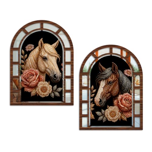 Image of Artvibes Royal Horse & Floral Decorative Wall Hanging | Jharokha Mirror Wall Hanging for Living Room, Hall, Bedroom, Lobby, Entrance & Office | Gift (WH 12004N), Set of 2