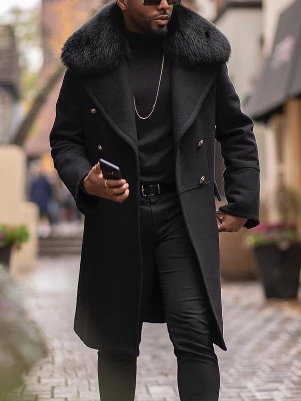 Mens Wool Blend Double Breasted Overcoat Faux Fur Collar Trench Overcoat Winter Slim Fit Long Trench Coat