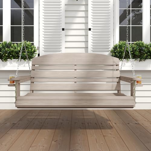 Live Casual Classic Recycled Plastic Porch Swing in Weatherwood Finish - Composite Poly Swing with Included Hanging Chains