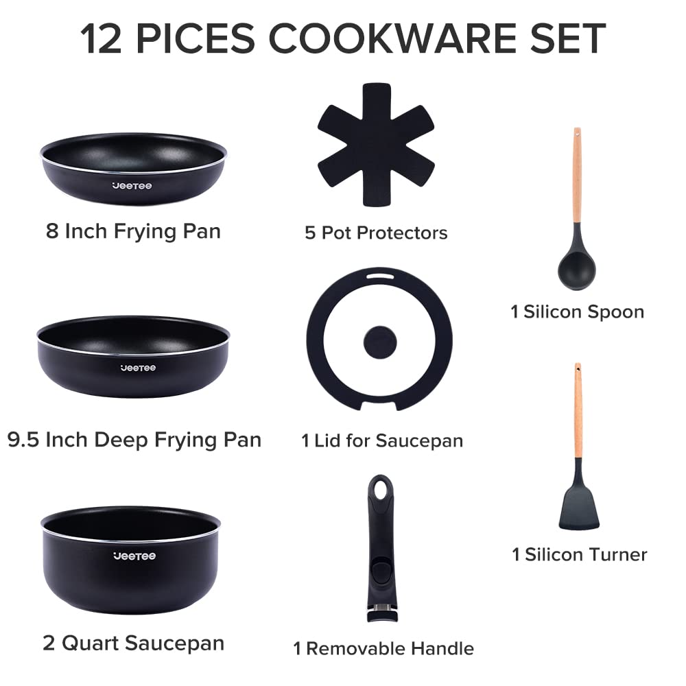 JEETEE Pots and Pans Set Nonstick with Removable Handle Induction Cookware Sets Camping Cookware, PFOA Free, Dishwasher/Oven Safe (Black, 12pcs Cookware Set)
