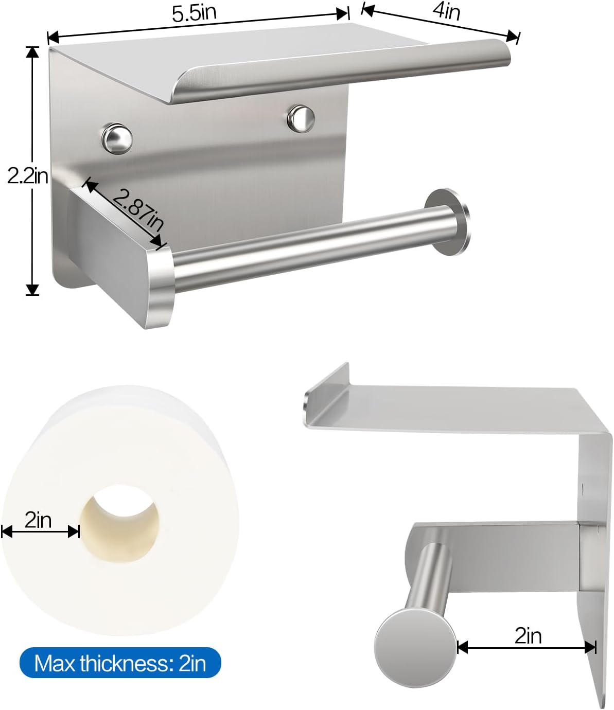 1pcs Brushed Nickel Toilet Paper Holder with Shelf, Screw or Self-Adhesive Toilet Paper Holder Wall Mount