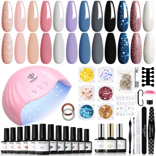 Modelones 35PCS Gel Nail Polish Kit with U V Light 48W Nail Dryer 12 Colors Pink Glitter Blue Gel Polish Set, Glossy & Matte Base Top Coat/Manicure Tools/Nail Art Decoration/DIY at Home Gift