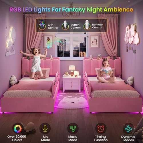 Image of DICTAC Twin Size Princess Bed Frame with Storage Drawer and Safety Guardrails, LED Velvet Upholstered Platform Bed for Girls with Wavy Storage Headboard,Charging Station,Heavy Duty Metal Support, Pink