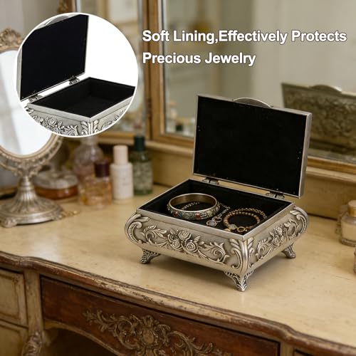 Junhonze Metall Schmuckschatulle - Retro Schatulle FüR Halsketten & Ringe - Silber Antik SchmuckkäStchen, Geeignet FüR Ringe, Halsketten, Ohrringe, Schmuck, Souvenirs, Organisation Und Aufbewahrung