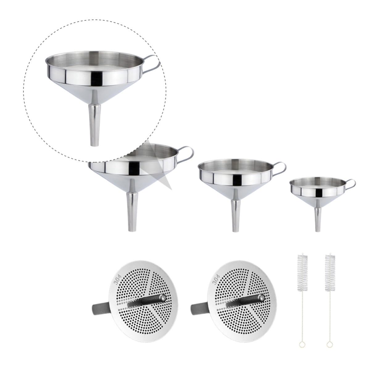 Stainless Steel Kitchen Funnel Set with Fine Mesh Filters, 3 Sizes (10cm, 12cm, 14cm) Mini Funnels with Small Mouth Strainers and Cleaning Brushes for Cooking and Liquid Transfer