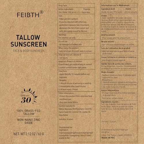 FEIBTH Tallow Sunscreen, Beef Tallow Sunscreen with Zinc Oxide, Non-Greasy Formula for Face and Body, Travel Size 2 oz