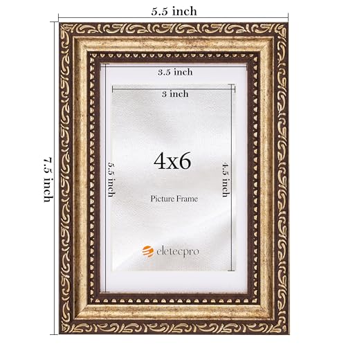 Image of eletecpro 4x6 Vintage Picture Frame, Glass Cover, Bronze Gold, 2-Pack | Display Photo 3.5x5 with Mat or 4x6 without, Horizontal or Vertical, Tabletop or Wall Decor