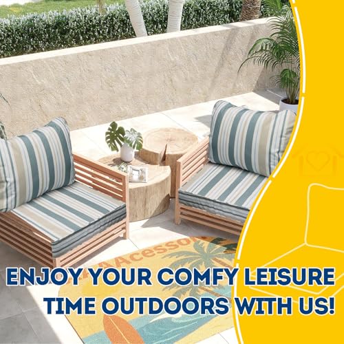 Image of AAAAAcessories Outdoor Seat Cushions for Chairs, Fade-Resistant, Waterproof Patio Furniture Replacement Cushions, 25.5 inch x 25.5 inch x 5 inch + 25.5 inch x 19 inch, Set of 2, Slate Gray Blue Coastal Stripe