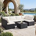 DUMOS 7 Piece Outdoor Patio Sectional Sofa, Modular Wicker Furniture Set with 2.8" Thick Cushions, Adjustable Feet, Weather-Resistant Rattan Outdoor Couch for Backyard, Deck, Garden, Poolside, Black