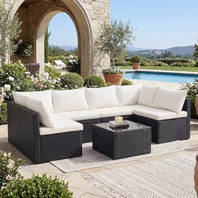 DUMOS 7 Piece Outdoor Patio Sectional Sofa, Modular Wicker Furniture Set with 2.8" Thick Cushions, Adjustable Feet, Weather-Resistant Rattan Outdoor Couch for Backyard, Deck, Garden, Poolside, Black