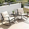 SUNCROWN 3 Piece Outdoor Rocking Bistro Set Black Wicker Furniture Porch Chairs Conversation Sets with Glass Coffee Table, Beige #4