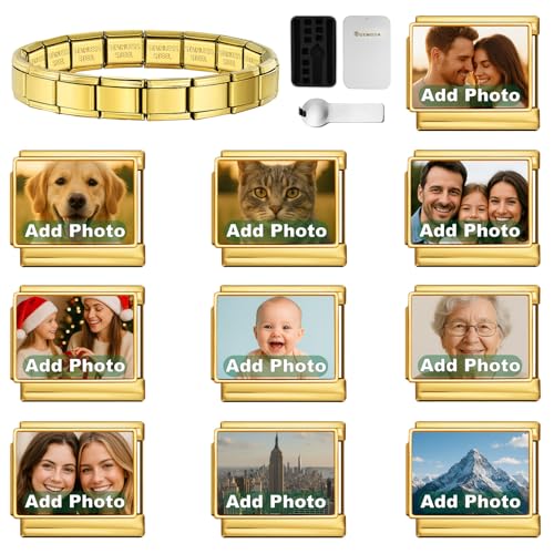 GEMOSA Gold Italian Charm Bracelet Set with 10 Custom Photo Charms, Stainless Steel Gift Box & Tool – Personalized Bracelet for Women