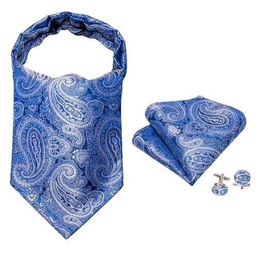Image of Barry.Wang Ascot Ties Cravat Tie Men Paisley Plaid Scarf Self Tie Pocket Square Cufflinks Set Wedding Party