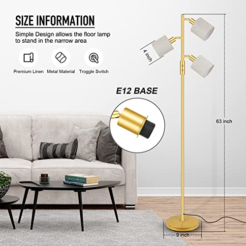 Gold Floor Lamps For Living Room, 3 Color Temperature, 3-Light Tree Standing Lamp, Minimalist Corner Floor Lamp With Lamp Shades Modern Pole Lamp For Bedroom Office Kids Room, Reading (5W Led Bulbs) #TOP4