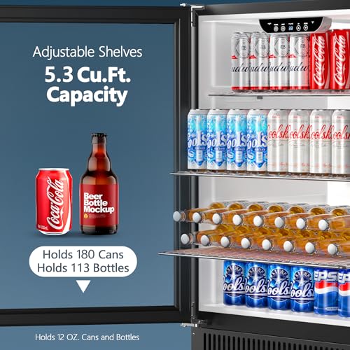 Image of Coolski Beverage Refrigerator, 24 Inch Under Counter Beverage Fridge, 180 Cans Built-In or Freestanding Beverage Cooler with Glass Door for Home Bar Kitchen, ETL, DOE, NSF Approved